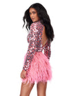Back View - Pink ASHLEYlauren 4673 fitted cocktail dress featuring long sleeves, intricate mirror beadwork, an open back, and a feathered skirt for a show-stopping and glamorous look.