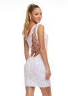 Back- White ASHLEYlauren 4469 cocktail dress featuring an illusion neckline, corset bustier with press-on stones, wrap skirt, and side slit for a head-turning and glamorous look.