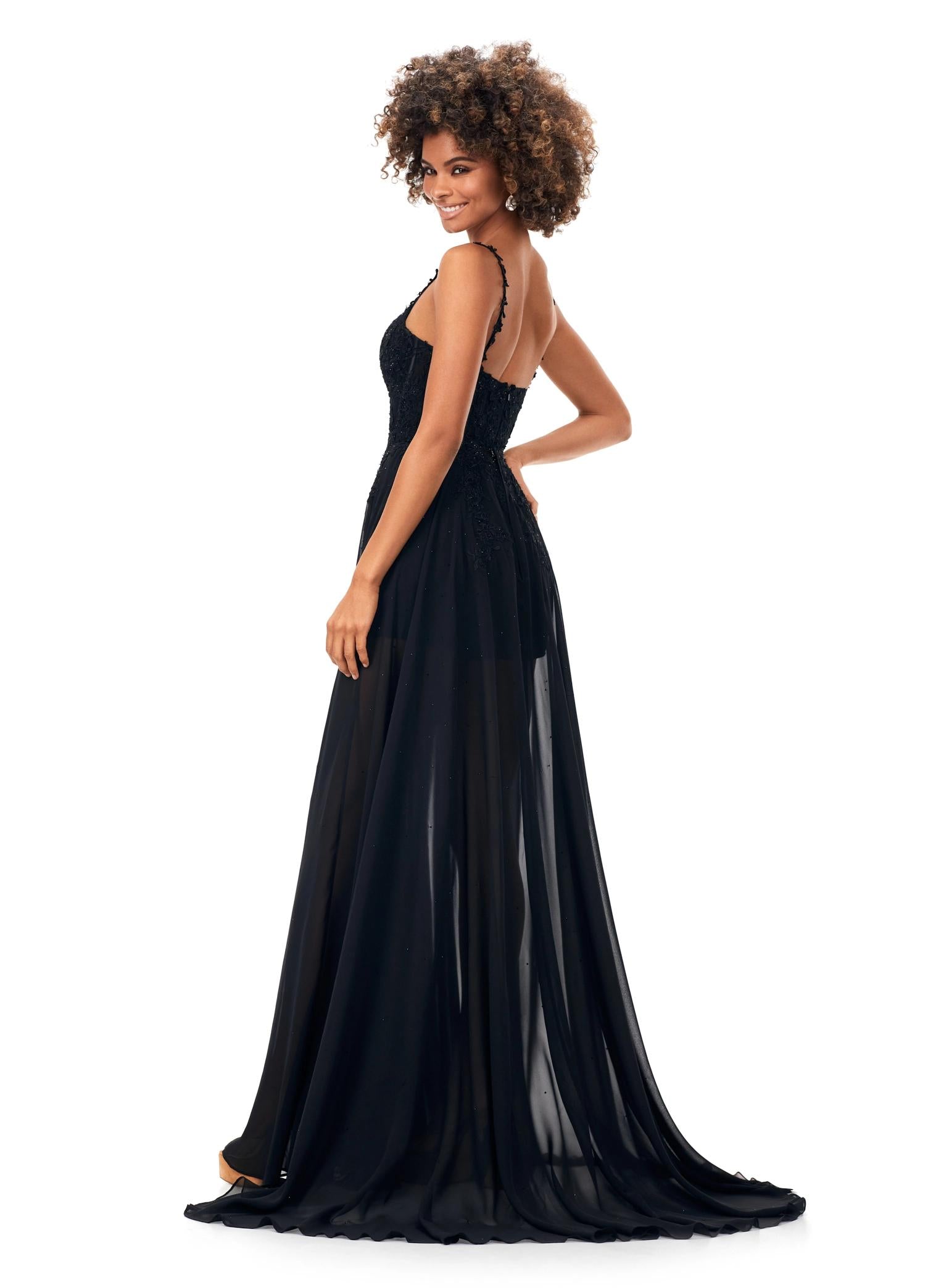 Back black ASHLEYlauren 11333 lace romper featuring delicate spaghetti straps, lace applique adorned with heat set stones for added sparkle, and a detachable chiffon skirt for a versatile and elegant look.