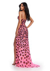 Back view. Neon Pink ASHLEYlauren 11674 Spaghetti Strap Gown with Ornate Cheetah Print Beading, Structured Corset Bustier, and Left Leg Slit