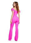 Back view. ASHLEYlauren 11439 bright pink off shoulder scuba jumpsuit with oversized bow sleeves