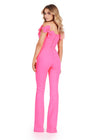 Back view. ASHLEYlauren 11439 pink off shoulder scuba jumpsuit with oversized bow sleeves
