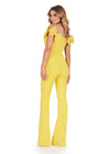 Back view. ASHLEYlauren 11439 yellow off shoulder scuba jumpsuit with oversized bow sleeves