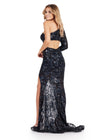 Back view. ASHLEYlauren 11442 Black one shoulder sequin gown with open back and thigh-high slit