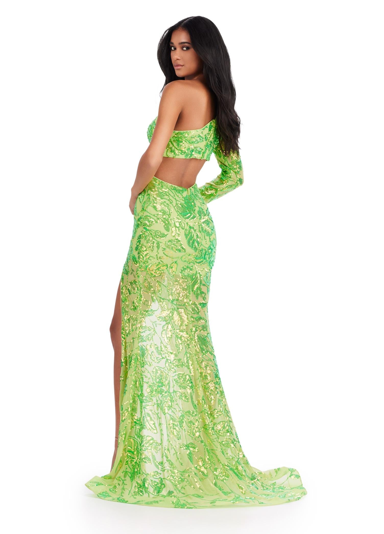 Back view. ASHLEYlauren 11442 Neon Green one shoulder sequin gown with open back and thigh-high slit
