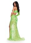 Back view. ASHLEYlauren 11442 Neon Green one shoulder sequin gown with open back and thigh-high slit