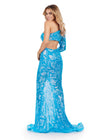 Back view. ASHLEYlauren 11442 Ocean one shoulder sequin gown with open back and thigh-high slit