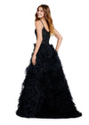Back view. ASHLEYlauren 11446 black tulle gown with ruffled A-line skirt, corset bustier, deep illusion V-neckline, and leg slit