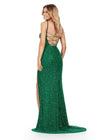 Back view. ASHLEYlauren 11448 emerald fully beaded gown with spaghetti straps, corset bodice, thigh-high slit, and lace up back
