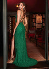 Back view. ASHLEYlauren 11448 emerald fully beaded gown with spaghetti straps, corset bodice, thigh-high slit, and lace up back