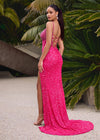 Back view. ASHLEYlauren 11448 fuchsia fully beaded gown with spaghetti straps, corset bodice, thigh-high slit, and lace up back