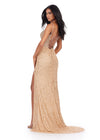 Back view. ASHLEYlauren 11448 gold fully beaded gown with spaghetti straps, corset bodice, thigh-high slit, and lace up back