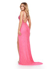 Back view. ASHLEYlauren 11448 hot pink fully beaded gown with spaghetti straps, corset bodice, thigh-high slit, and lace up back