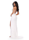 Back view. ASHLEYlauren 11448 ivory fully beaded gown with spaghetti straps, corset bodice, thigh-high slit, and lace up back