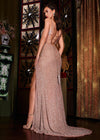 Back view. ASHLEYlauren 11448 nude fully beaded gown with spaghetti straps, corset bodice, thigh-high slit, and lace up back