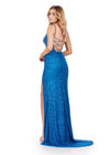 Back view. ASHLEYlauren 11448 peacock fully beaded gown with spaghetti straps, corset bodice, thigh-high slit, and lace up back