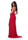 Back view. ASHLEYlauren 11448 red fully beaded gown with spaghetti straps, corset bodice, thigh-high slit, and lace up back