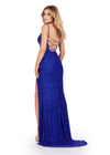 Back view. ASHLEYlauren 11448 royal fully beaded gown with spaghetti straps, corset bodice, thigh-high slit, and lace up back