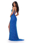 Back view. ASHLEYlauren 11448 turquoise/royal fully beaded gown with spaghetti straps, corset bodice, thigh-high slit, and lace up back