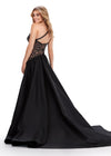 Back view. ASHLEYlauren 11456 black one shoulder gown with beaded bustier, open back, and dramatic taffeta skirt and overskirt