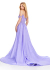 Back view. ASHLEYlauren 11458 lilac off shoulder gown with beading, sweetheart neckline, and dramatic taffeta overskirt