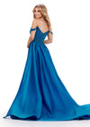 Back view. ASHLEYlauren 11458 peacock off shoulder gown with green beading, sweetheart neckline, and dramatic taffeta overskirt