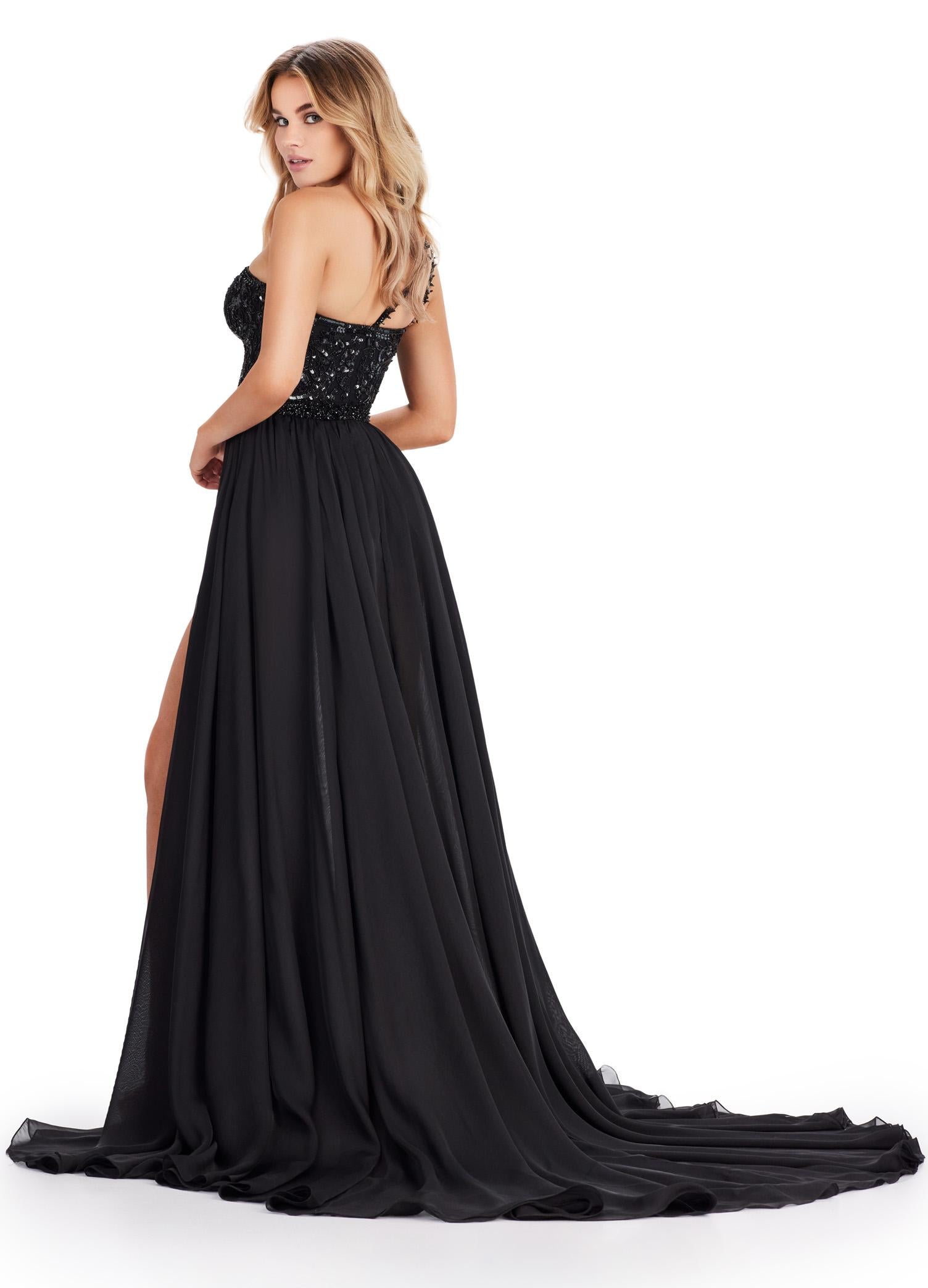 Back view. ASHLEYlauren 11460 black one shoulder fully beaded bodysuit with detachable chiffon overskirt and high left leg slit