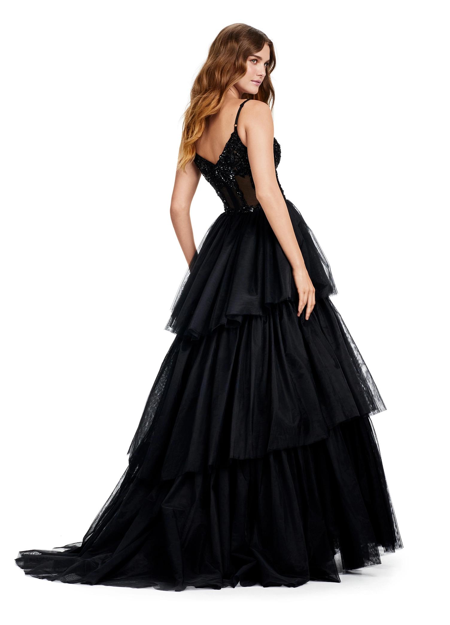 Back view. ASHLEYlauren 11462 black tiered tulle ball gown with sheer beaded corset bodice and spaghetti straps