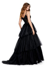 Back view. ASHLEYlauren 11462 black tiered tulle ball gown with sheer beaded corset bodice and spaghetti straps