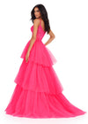Back view. ASHLEYlauren 11462 hot pink tiered tulle ball gown with sheer beaded corset bodice and spaghetti straps