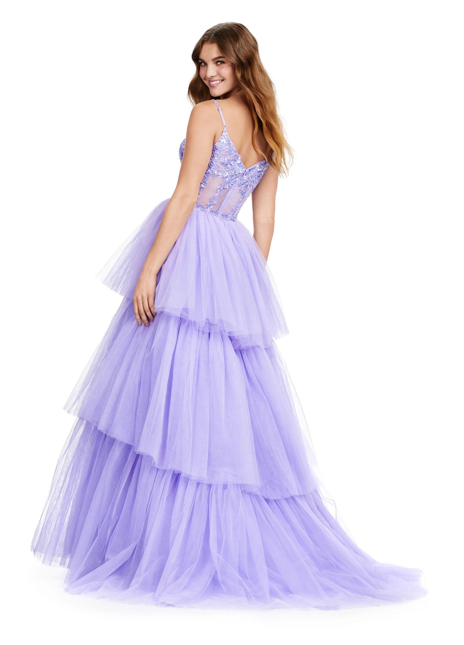 Back view. ASHLEYlauren 11462 lilac tiered tulle ball gown with sheer beaded corset bodice and spaghetti straps