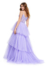 Back view. ASHLEYlauren 11462 lilac tiered tulle ball gown with sheer beaded corset bodice and spaghetti straps