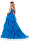 Back view. ASHLEYlauren 11462 peacock tiered tulle ball gown with sheer beaded corset bodice and spaghetti straps
