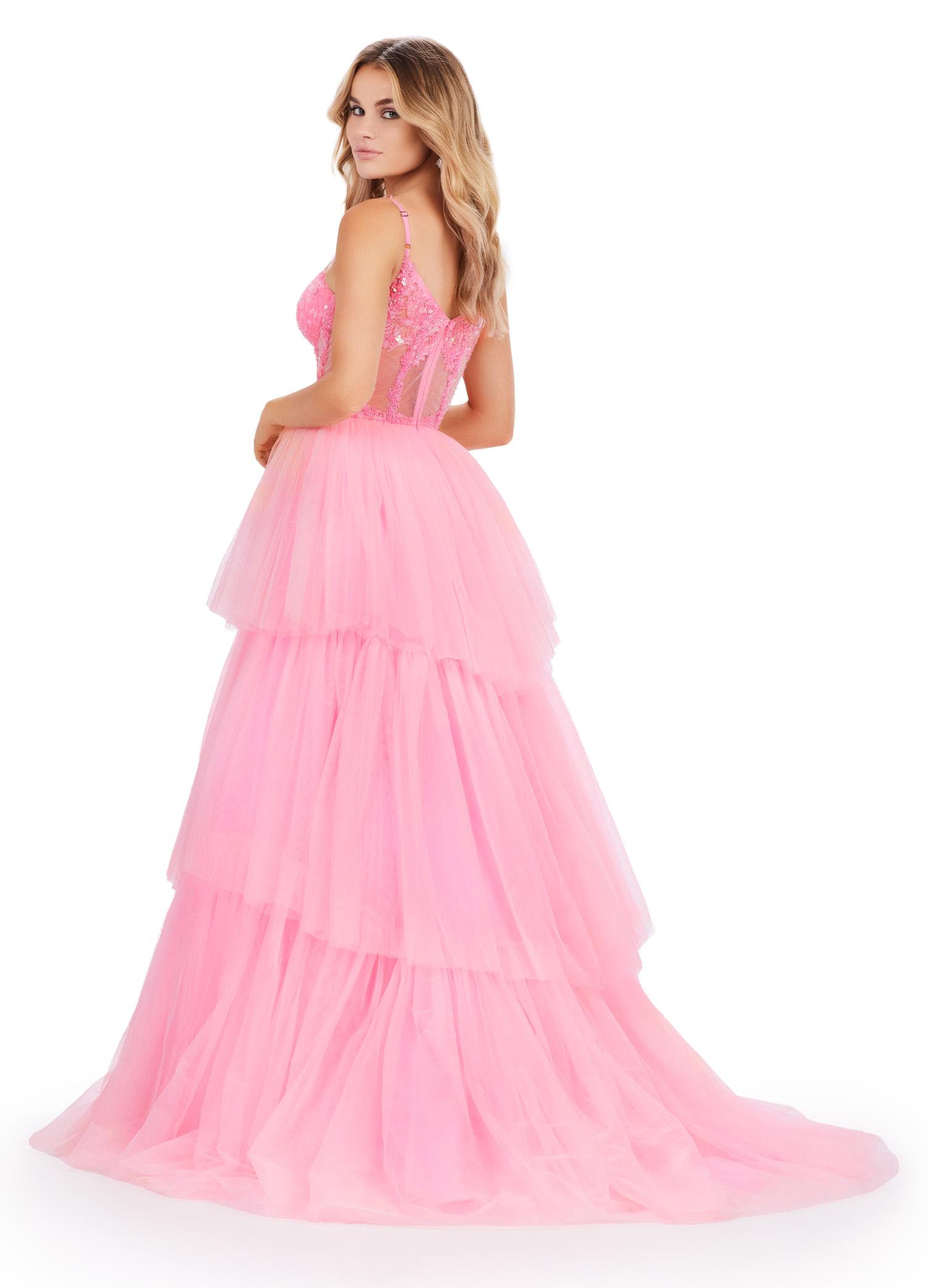 Back view. ASHLEYlauren 11462 pink tiered tulle ball gown with sheer beaded corset bodice and spaghetti straps