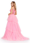 Back view. ASHLEYlauren 11462 pink tiered tulle ball gown with sheer beaded corset bodice and spaghetti straps