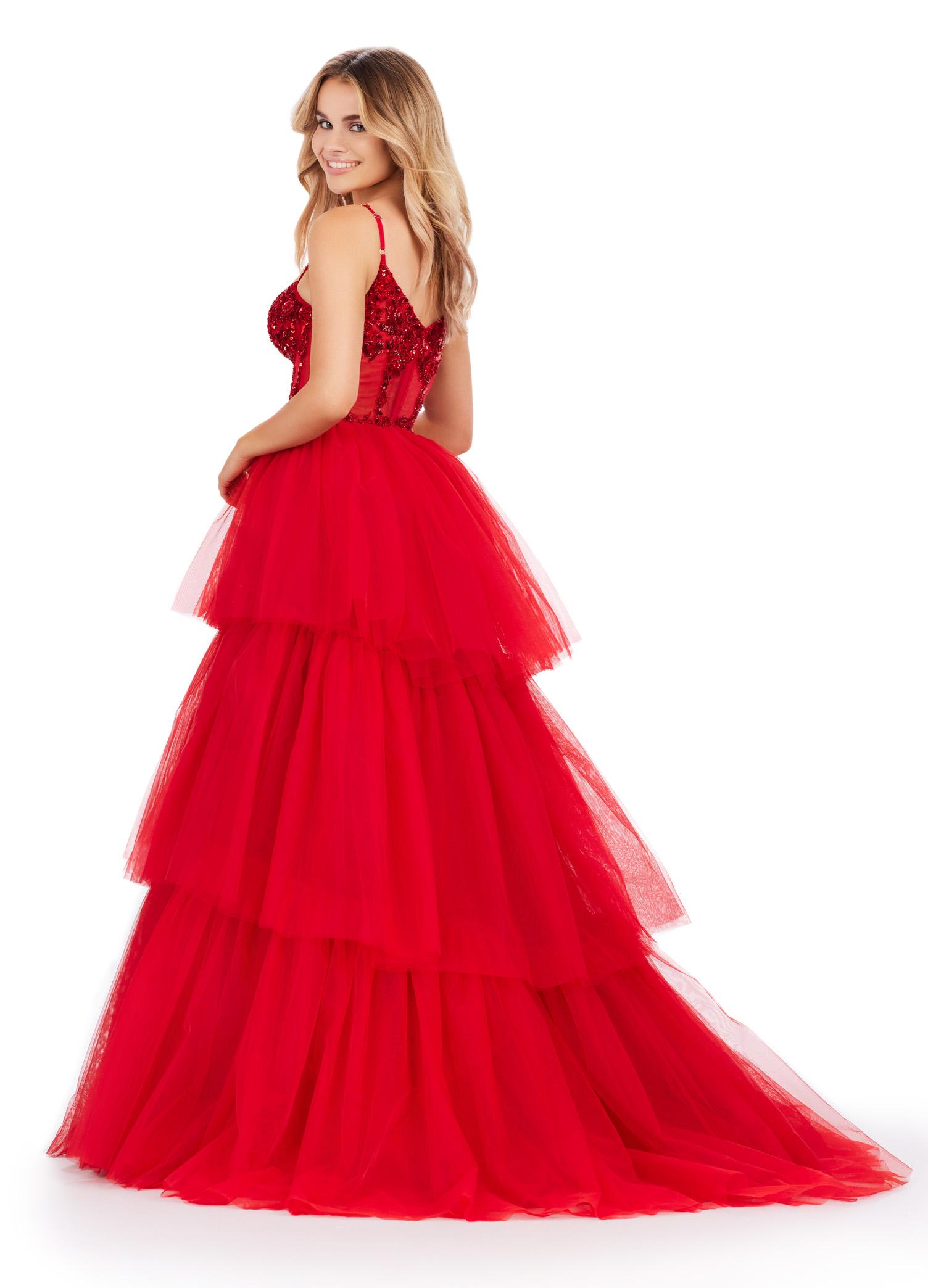 Back view. ASHLEYlauren 11462 red tiered tulle ball gown with sheer beaded corset bodice and spaghetti straps