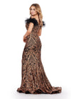 Back view. ASHLEYlauren 11463 Bronze/Black sequin gown with sweetheart neckline, feather off shoulder straps, and left leg slit