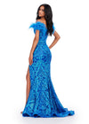 Back view. ASHLEYlauren 11463 Turquoise/Royal sequin gown with sweetheart neckline, feather off shoulder straps, and left leg slit