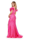 Back view. ASHLEYlauren 11463 hot pink sequin gown with sweetheart neckline, feather off shoulder straps, and left leg slit