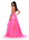 Back view. ASHLEYlauren 11480 hot pink A-line gown with feather and jewel embellishments, corset bodice, lace up back, and left leg slit