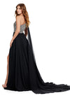Back view. ASHLEYlauren 11482 black one shoulder gown with fully beaded bodice, chiffon cape, A-line skirt, and leg slit