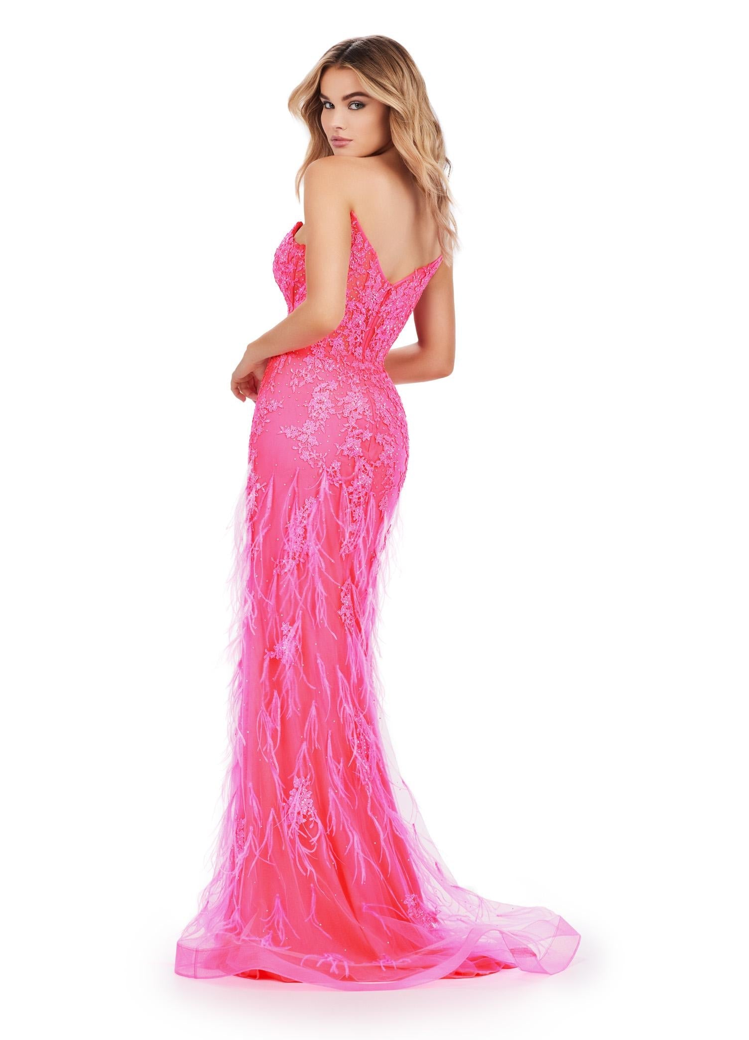Back view. ASHLEYlauren 11483 hot pink strapless lace gown with sweetheart neckline, feather detailing, corset bodice, and V-back