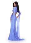 Back view. ASHLEYlauren 11485 Periwinkle fully beaded gown with V-neckline, dramatic floor length sleeves, and side cut outs