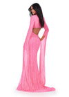 Back view. ASHLEYlauren 11485 pink fully beaded gown with V-neckline, dramatic floor length sleeves, and side cut outs