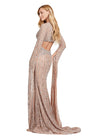 Back view. ASHLEYlauren 11485 silver fully beaded gown with V-neckline, dramatic floor length sleeves, and side cut outs