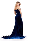 Back view. ASHLEYlauren 11639 Off Shoulder Velvet Gown in Navy with Crystal Bead Trimmed Sweetheart Neckline, Beaded Left Leg Slit, and Sweep Train