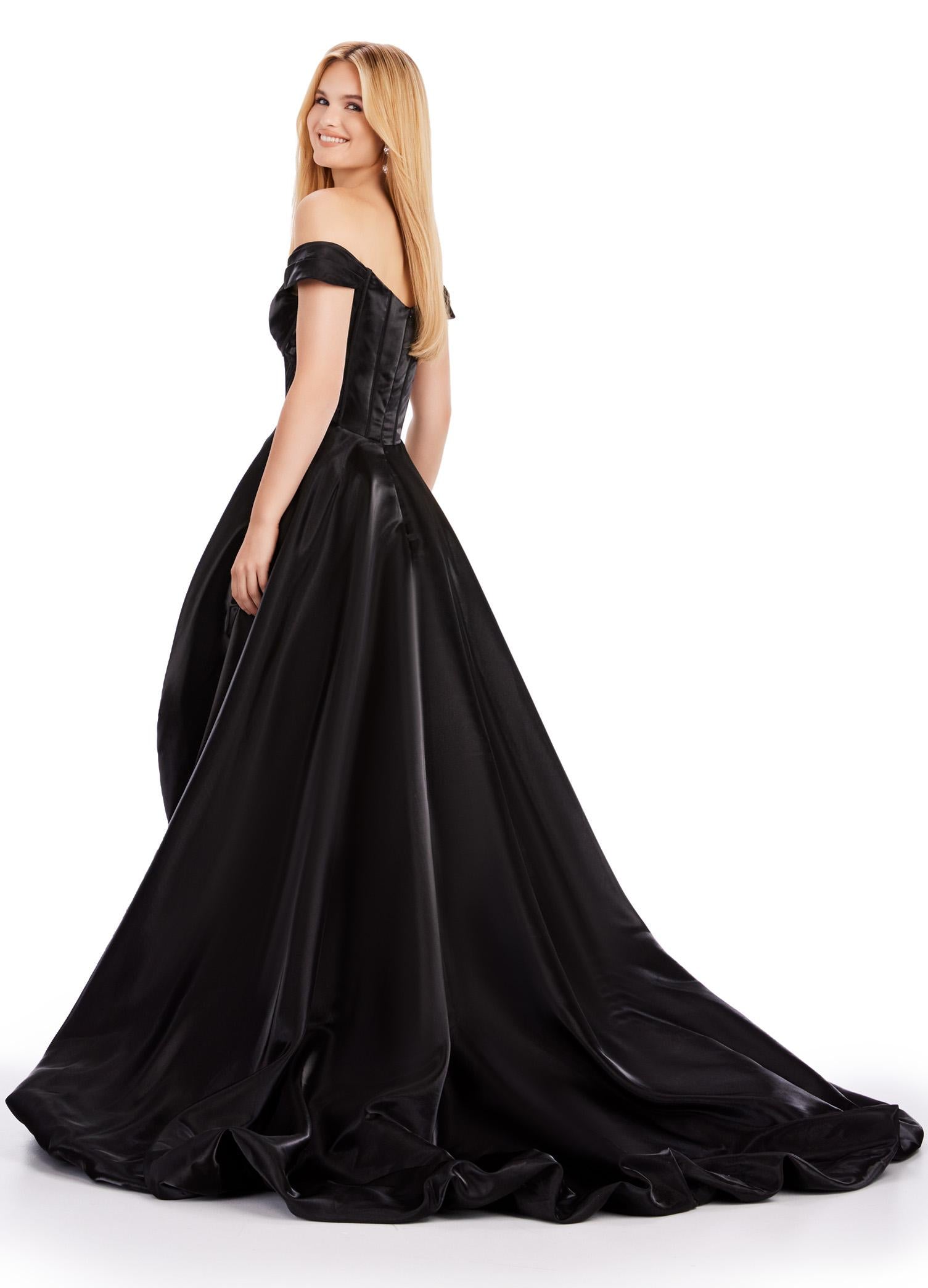 Back view. ASHLEYlauren 11641 Black Off Shoulder Satin Gown with Illusion V-Neckline, Corset Style Bodice, High-Low Bubble Hem Skirt