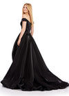 Back view. ASHLEYlauren 11641 Black Off Shoulder Satin Gown with Illusion V-Neckline, Corset Style Bodice, High-Low Bubble Hem Skirt