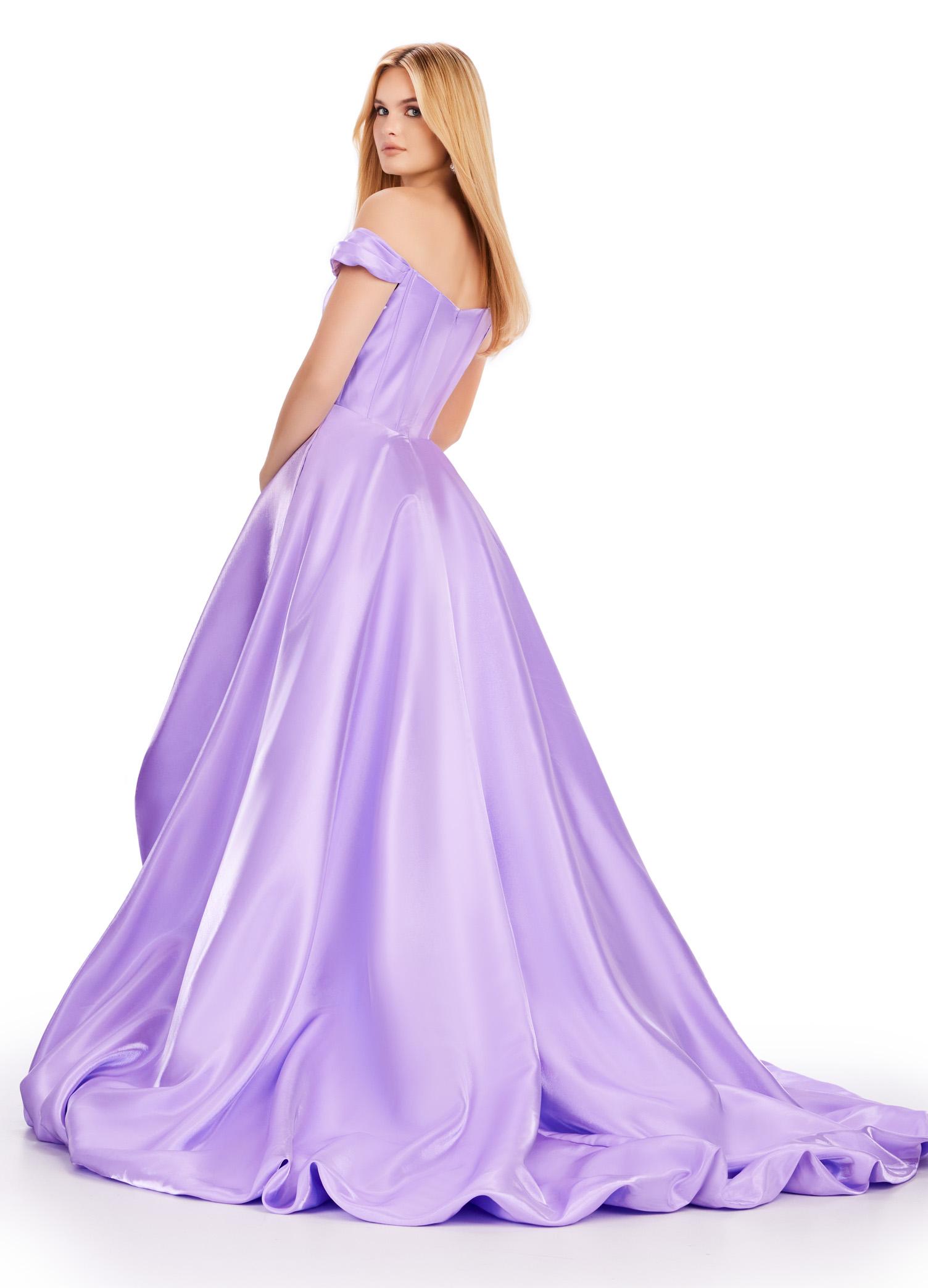 Back view. ASHLEYlauren 11641 Orchid Off Shoulder Satin Gown with Illusion V-Neckline, Corset Style Bodice, High-Low Bubble Hem Skirt