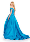 Back view. ASHLEYlauren 11641 Peacock Off Shoulder Satin Gown with Illusion V-Neckline, Corset Style Bodice, High-Low Bubble Hem Skirt